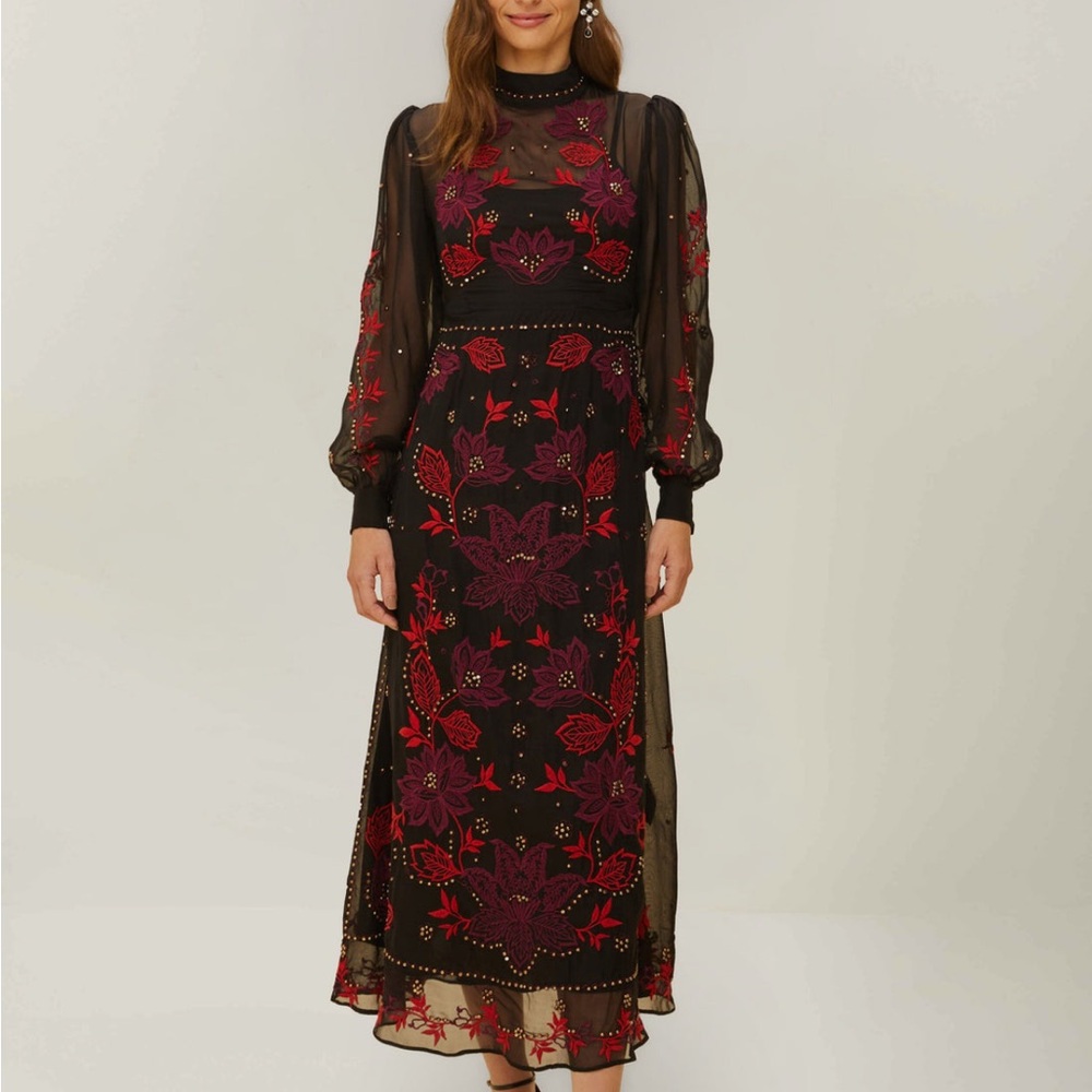 FARM Rio Red and Black Bishop Sleeve Gown